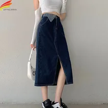 

High Waist Women Denim Skirt Long 2022 Spring Blue Crimping Split Casual Jean Skirts For Ladies Jupe Longue Femme faldas