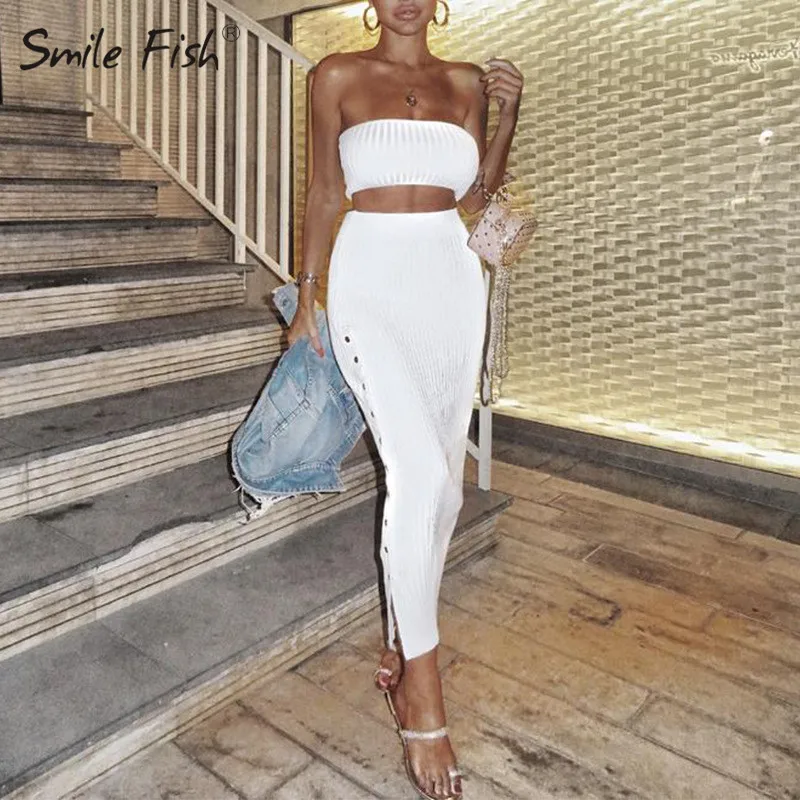 

Strapless Split Long Skirt Women Two Pieces Set Spring Femme Party Sexy Skinny Crop Top Sets Button Skirts Bodycon Suits M0438