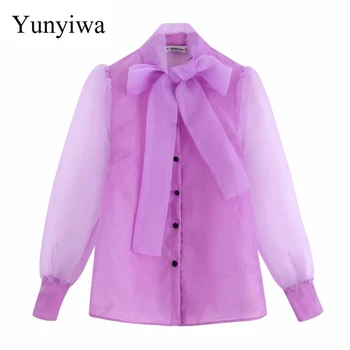 

Women Solid Color Bow Collar Organza Casual Smock Shirts Blouses Women Long Sleeve Transparent Roupas Chic Chemise Shirt
