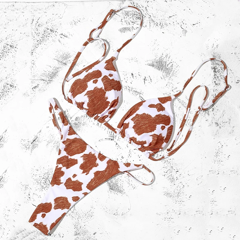 Sexy Push-Up Cow Print Bikini – Strappy Padded Bra and Low-Waist Bandage Swimsuit for Women Beachwear Beachwear Swimwear