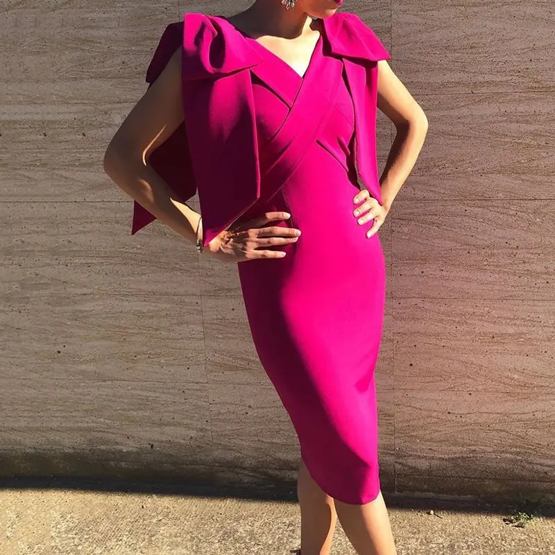 

Red Backless Bodycon Dress Women Bandage V Neck Mid Lendth Splited Bow Slim Party Pencil Dress Elegant Sexy Sundress 2XL