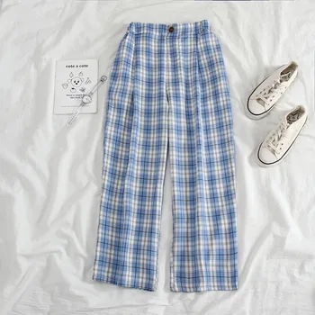 

Korean Women Blue Plaid Harem Pants Fashion Summer Ladies High Waist Wild Straight Pants Womens Wide Leg Trousers