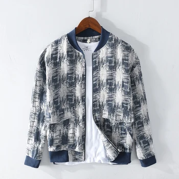 

Vintage Men 100%Linen Jacket Spring Casual Long Sleeve Stand Collar Print Zipper Outerwear & Coats Y2438