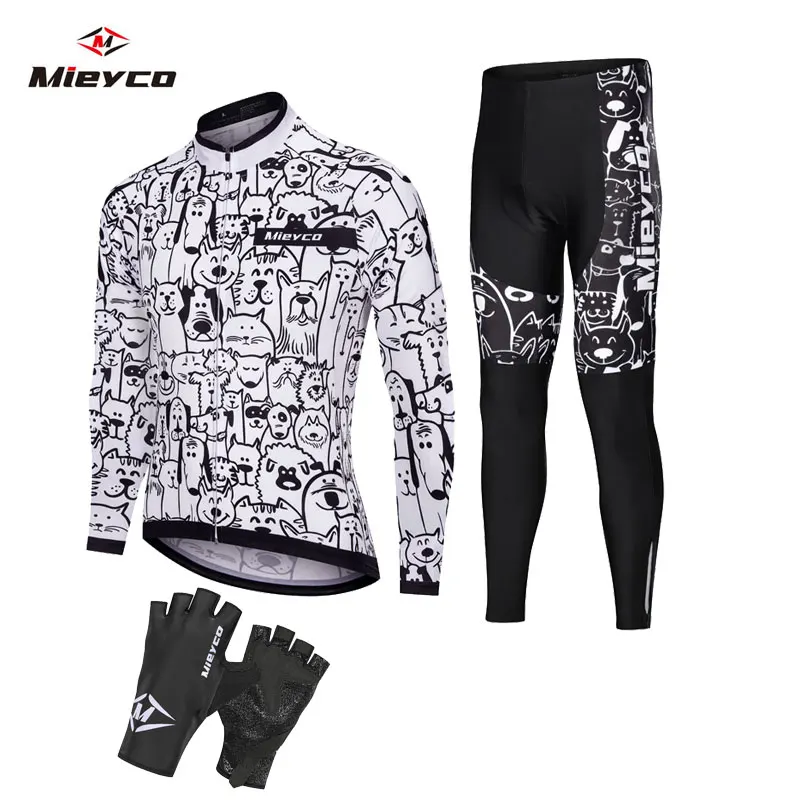 

White Cartoon Cat Pro Team Cycling Jersey Set 2020 Bicycle Clothing Breathable Mens Long Sleeve Shirt Bike Bib Shorts 5D Gel Pad