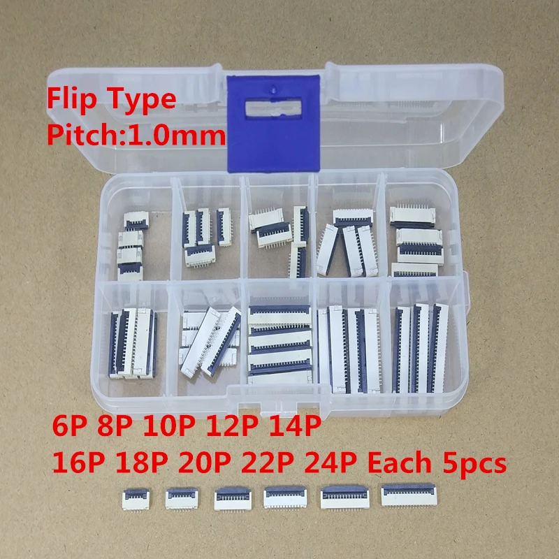 50pcs/box 1mm Pitch Under Clamshell Socket FPC FFC Flat Cable Connector 4P 6P 8P 10P 12P 14P 16P 20P 22P Kits afbeelding