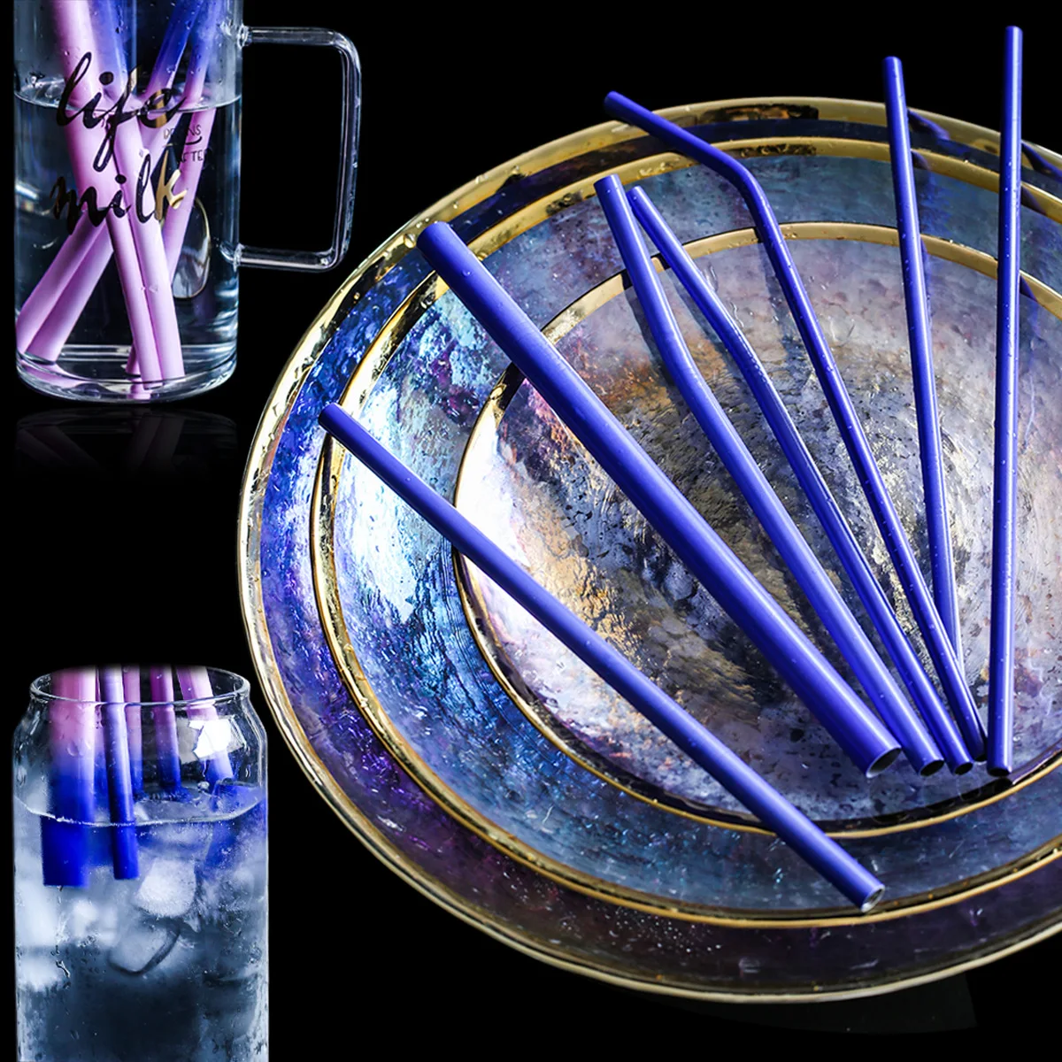 

2PC Reusable Metal Straw With Silicone Tips 304 Stainless Steel Straw Cleaning Brush Drinking Straws Thermochromic Straw
