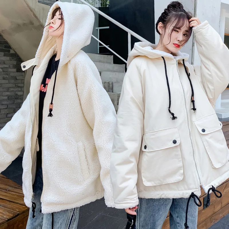 

Photo Shoot 2019 New Style Winter Reversible Lambs Wool Coat Korean-style Loose-Fit BF Hooded Workwear Cotton Coat