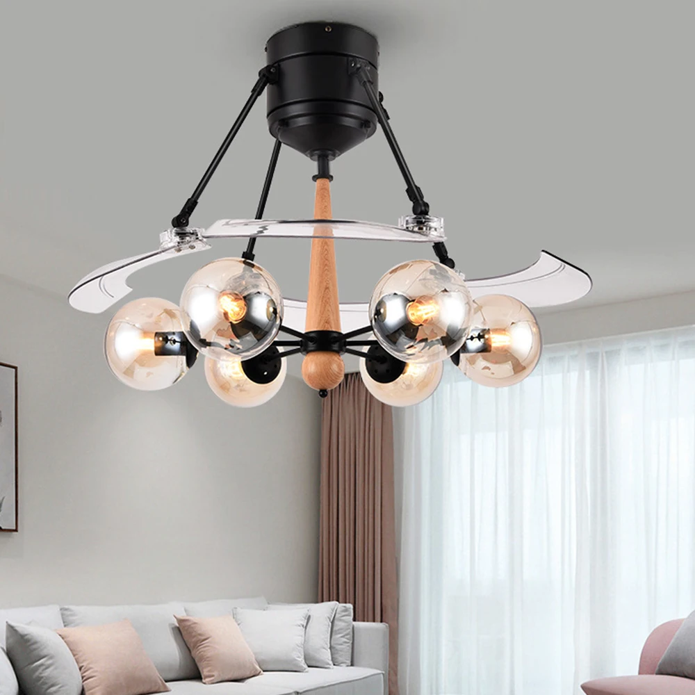 

48 inch Invisible Ceiling Fans with LED Light Glass Lamp Remote Control Modern Fans Lamps E27 Home Living Dining Room Adjustable