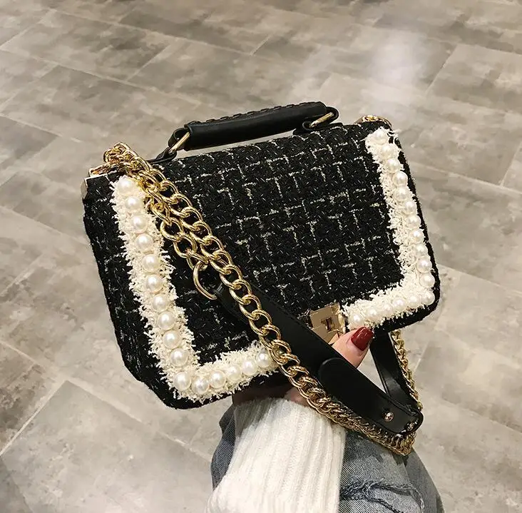 BK Winter Fashion New Female Square Tote bag Quality Woolen Pearl Women's Designer Handbag Ladies Chain Shoulder Crossbody Bag - Цвет: BK
