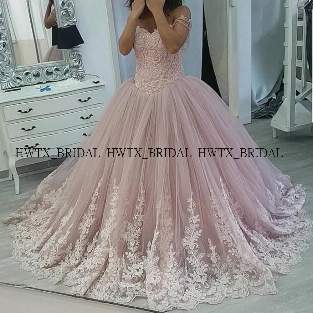

Plus Size Lace Appliques Evening Dress Blush Pink Off the Shoulder Ball Gown Tulle Corset Formal Party Gowns Vestidos de fiesta