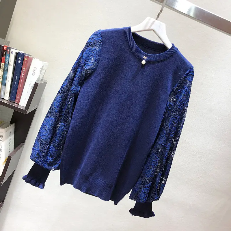 navyblue LUOSHA Осенне-зимняя Дамская обувь трикотажные открытое кружевное платье с цветочным рисунком пуловер с рукавами-фонариками и свитера женский стильный джемпер Pull Femme - Цвет: navyblue