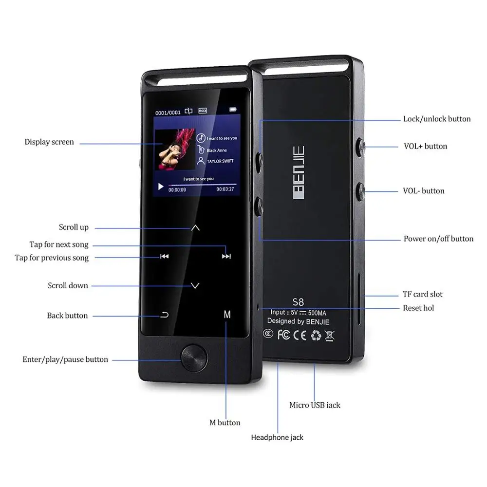 Bluetooth MP3 плеер BENJIE S8 сенсорная кнопка Металл APE/WAV высокое качество звука начальный уровень без потерь Музыкальный плеер с FM