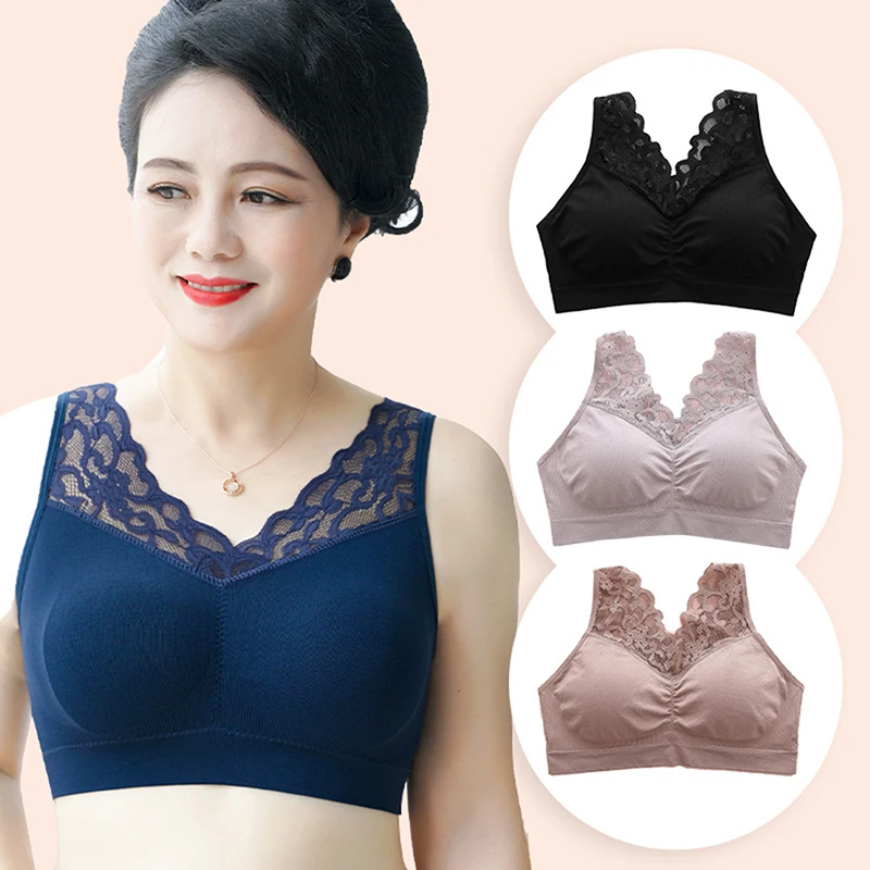

Middle-aged Women Fashion Lace V-neck Bra Beauty Back Female Bottom Wrapped Chest Without Steel Ring Sleep Bra