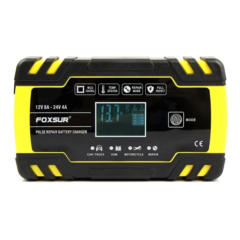 

ABKT-Foxsur 12V 8A 24V 4A Pulse Repair Charger with Lcd Display, Motorcycle & Car Battery Charger, 12V 24V Agm Gel Wet Lead Acid