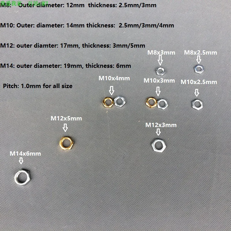 Carbon steel nuts 10pcs/lot zinc/golden pitch 1mm fine teeth hex for M6-M16*1mm