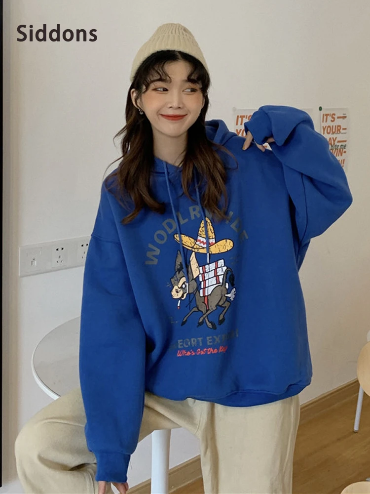 

Siddons Autumn And Winter New BF Languid Style Women's Super Dalian Hat Cartoon Letter Printing 250g Plush Oversized Hoodie