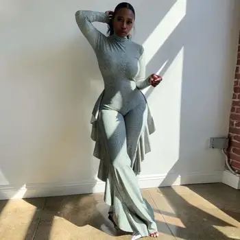 

Ruffles Patchwork Plus Size Wide Leg Overall Women Turtleneck One Piece Bodysuits Straight Long Sleeve Loose Causal Jumpsuits