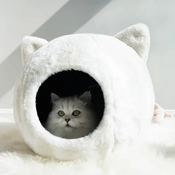 

New Cat House Kennel Cat Sleeping Bag Warm Pet Nest Real Rabbit Fur Warm Bed Cats House Pets Product Universal Cats Houses Beds