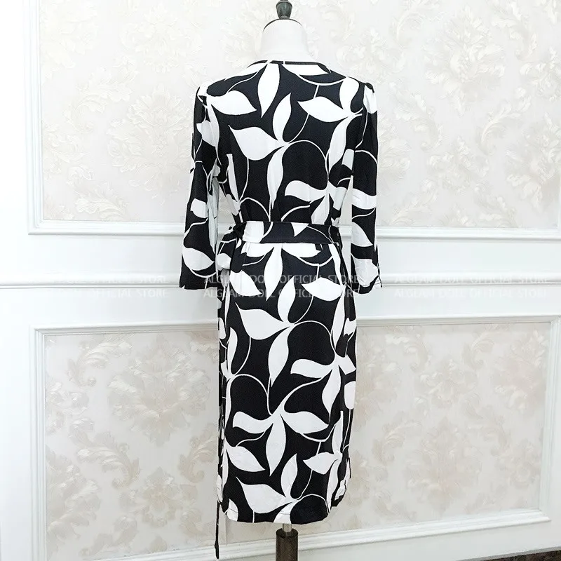 Осеннее женское платье с v-образным вырезом и принтом, 3/4 рукав, карандаш, пояс, длиной до колена, Сексуальные вечерние платья