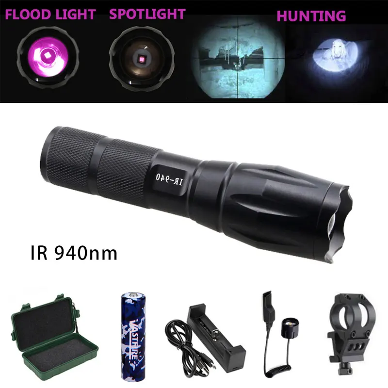 Zoom Инфракрасный фонарик 7 Вт 940nm ИК ночного видения охотничий фонарь для использования с устройством ночного видения - Испускаемый цвет: IR940