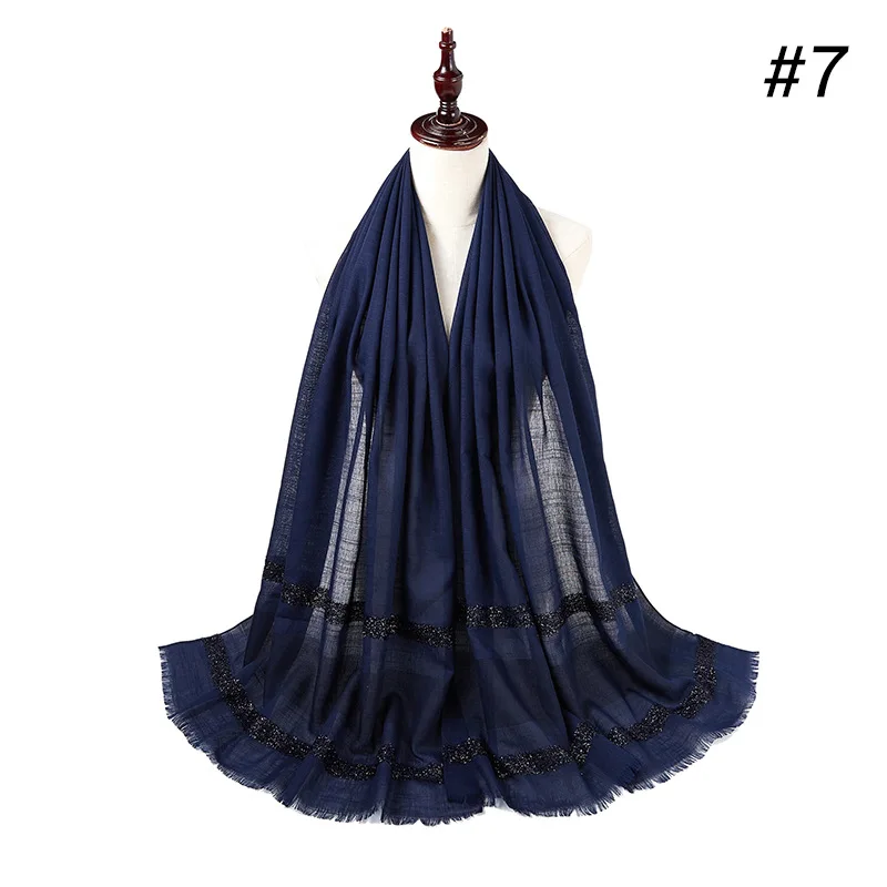 navy blue Quality Glitter Stripe Hijab Scarf For Women Viscose Cotton Plain Color Soft Muslim Headscarf Long Hijabs Turban Arab 180x70cm - Цвет: navy blue