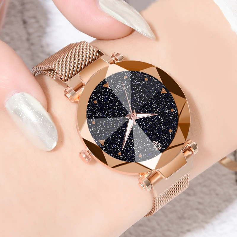 Для женщин часы Роскошные Звездное небо нержавеющая сталь сетки магнитный ремешок женские кварцевые часы наручные часы Relojes женские часы