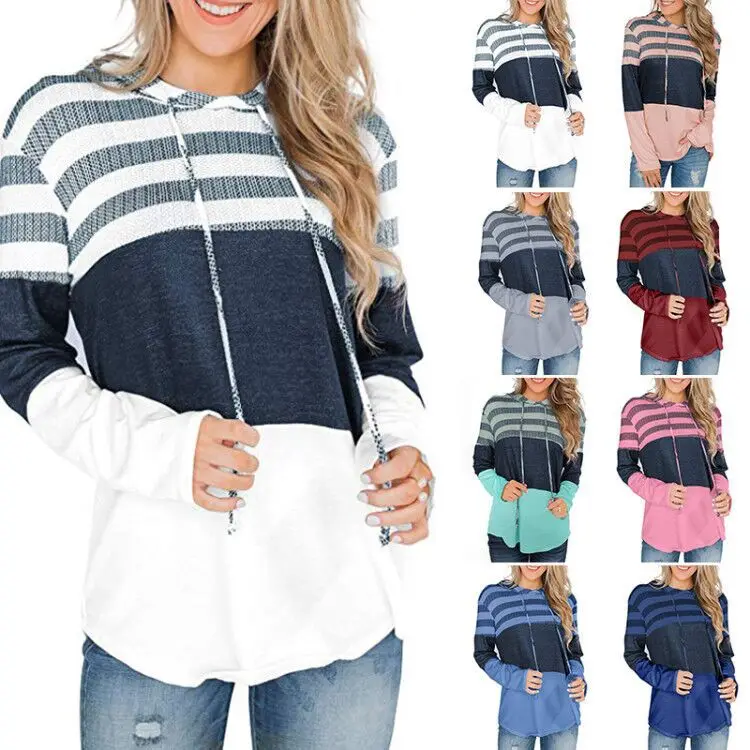 2019 Autumn Europe and the United States New Shirt Loose Design Hooded Sweater Long Sleeve Contrast Color | Женская одежда