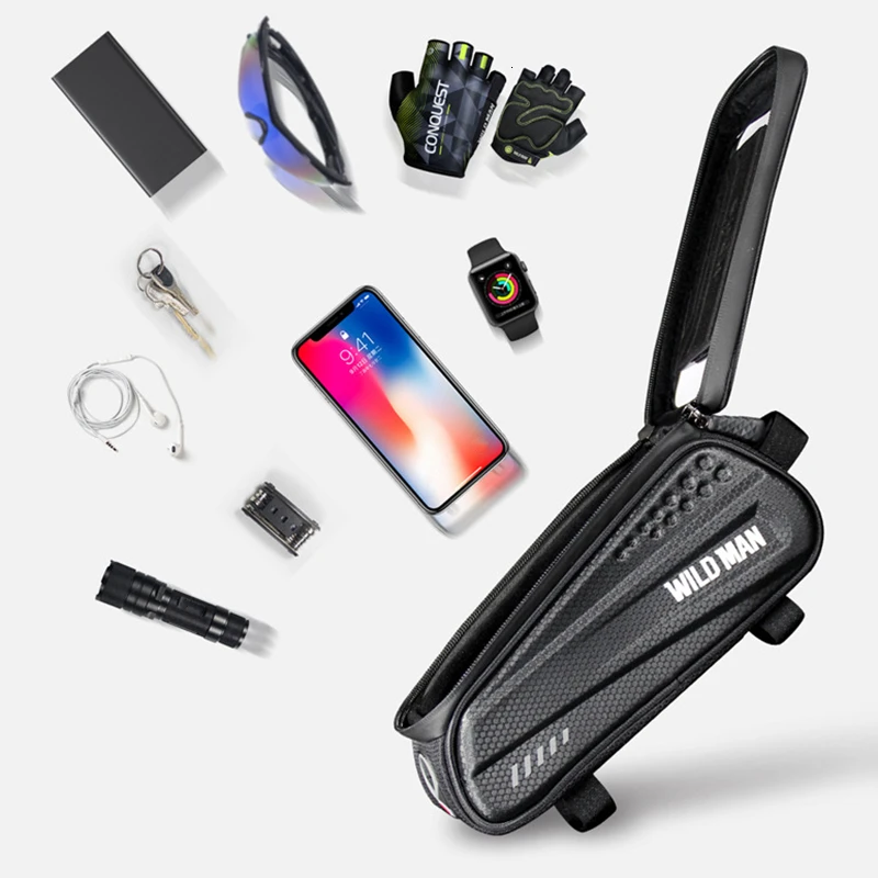 Best WILD MAN Hard Shell Bicycle Bag 6.2" Reflective Rainproof Touch Screen Phone Case Bag Bike Top Tube Bag Cycling Accessories 14