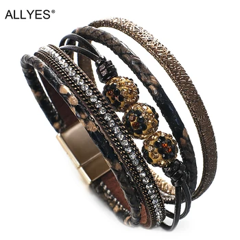 

ALLYES Multilayer Sexy Leopard Leather Bracelets for Women Elegant Rhinestone Crystal Beads Wide Wrap Bracelet Fashion Jewelry