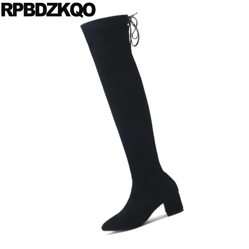 suede slim thigh women boots high heel long chunky black shoes lace up ladies winter pointed toe over the knee tall thick