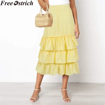 

Striped beach skirt Women summer High waist ruffled loose fashion Female long skirt plus size comfortable loose casual skirt