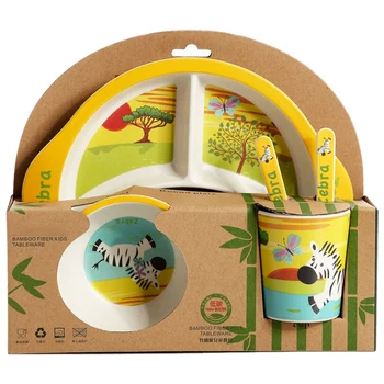 

Bamboo Fiber Baby Cartoon Eating Tableware Kids Dinner Plate Toddler Feeding Dishes Children Training Bowl Spoon Fork 5Pcs/Set Z
