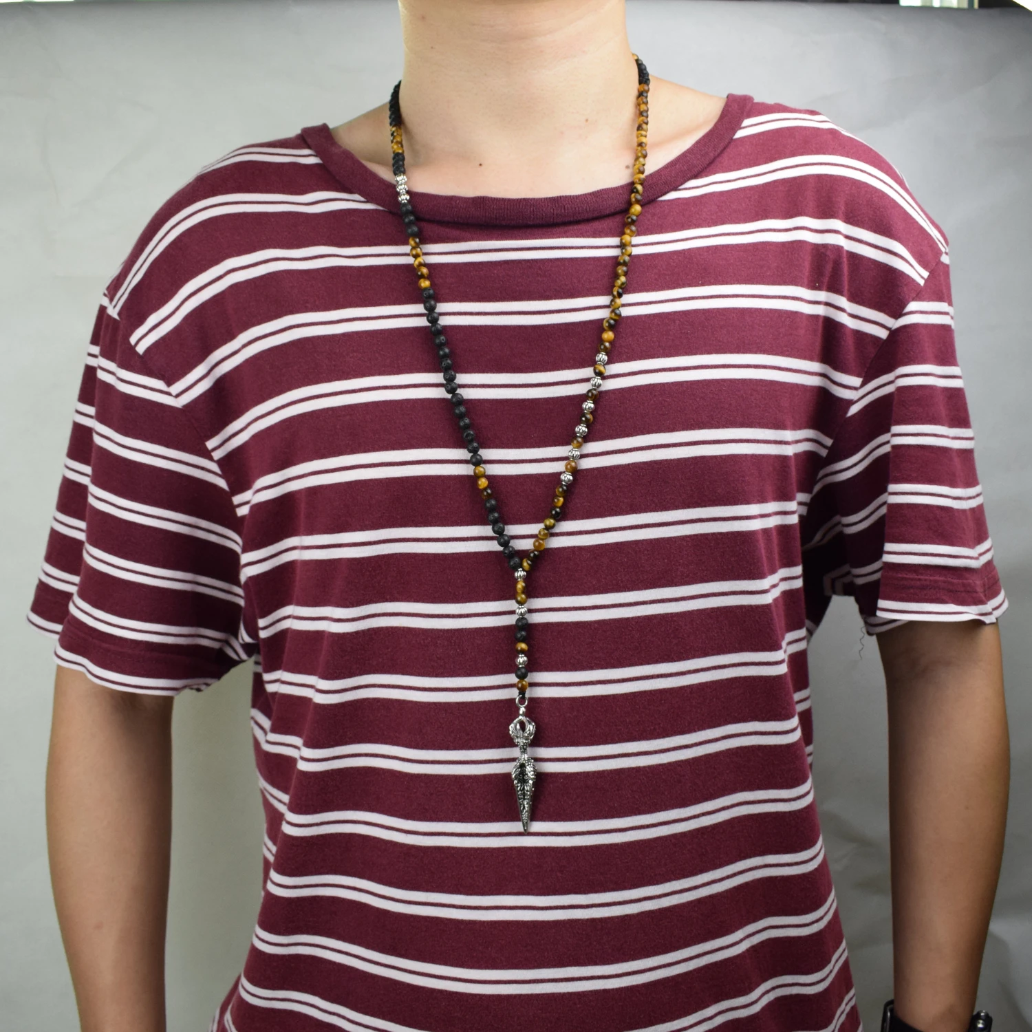 Natural Stone Necklace Men Retro Lava Bead Long Tiger Eye Skull/viking Pendants Necklaces Fashion Jewelry Kolye Hand Made
