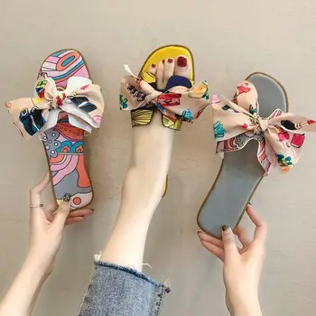 

New Women Slippers Print Bowtie Flat Flip Flops Summer Female Platform Fashion Shoes Comfortable Slip On Slides Ladies Footwear