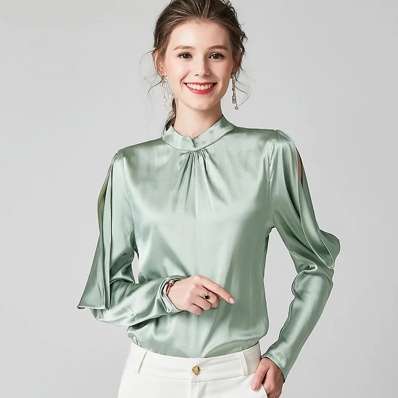 SuyaDream Spring Women Silk Blouses 16mm Silk Satin Long Sleeves Stand Collar Blouse Shirt