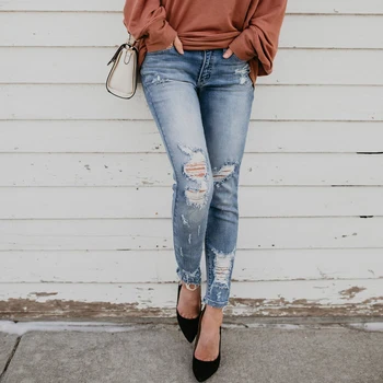

Distressed Jeans For Women Ripped Denim Trousers Stretch Pencil Pants Mid Waist Slim fit Ladies Streetwear