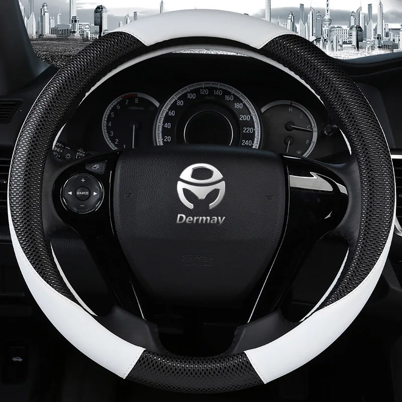 DERMAY кожаный чехол на руль 37-38 см массажный нескользящий для VW Ford Mazda Nissan Volvo Lada Bmw Renault - Название цвета: Белый