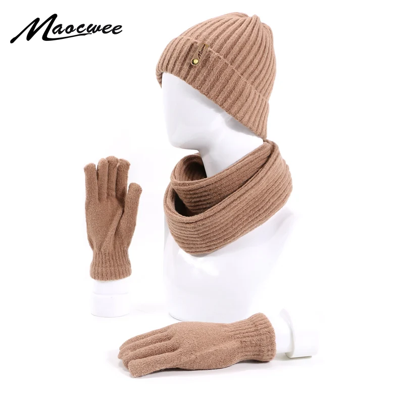

New Winter Knitting Skullies Beanies Hat Scarf Gloves Set For Men Woman Solid Color Warm Cap Outdoor Thick Scarf Gloves Caps Set