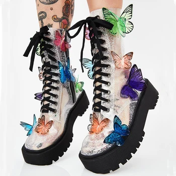 

Butterfly Appliques Cross-tied Boots Woman Transparent clear PVC Thick Bottom Platform Colour Mixture Wing Shoes Short boots