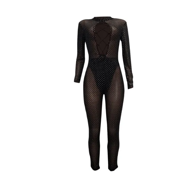 Cultiseed Women Sexy Hot Drilling Slim Hip Jumpsuits Rompers Female Fashion Hollow Out Bandage Mesh Jumpsuits Ladies Jumpsuits