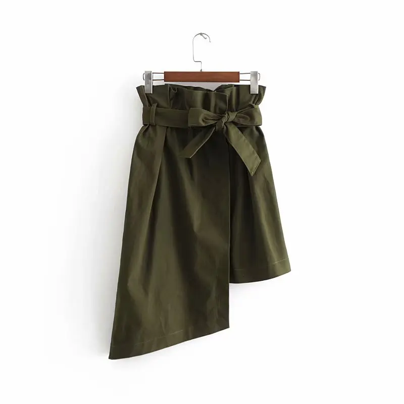

2018 Western Style Autumn WOMEN'S Dress Army Green Paper Bag Skirt Irregular Skirt Bubble Skirt 1665