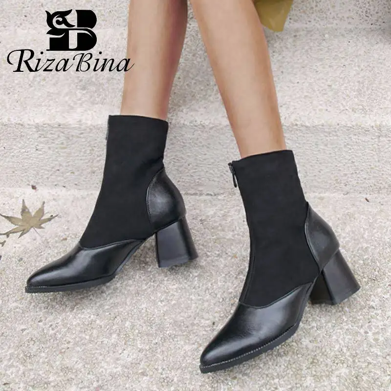 

RIZABINA Office Ladies Ankle Boots Pointed Toe Patchwork Zipper High Heels Shoes Autumn Winter Daily Women Shoes Size 32-48