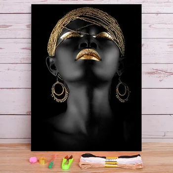 블랙과 골드 여자 인쇄 수용성 캔버스 11CT 크로스 스티치 자수 키트 DMC 스레드 뜨개질 그림 패키지