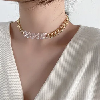 

AOMU 2020 Korea Transparent Acrylic Clavicle Chain Metal Thick Chain NecklaceTemperament For Women Girls Jewelry Party