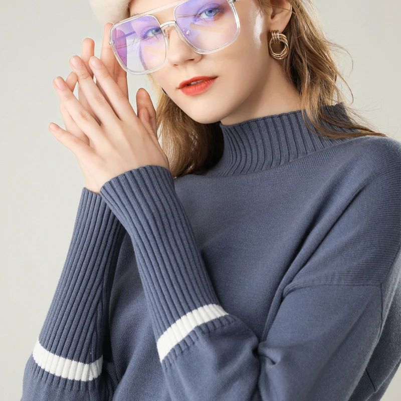 

2019 autumn and winter new cashmere sweater female half high round neck large size set of short short loose bottoming sweater