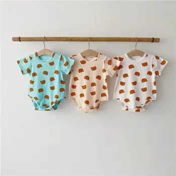 

2020 New Summer Baby Girls Cotton Short Sleeve Romper + Hat 2 Pieces Suit Boys Bear Pattern White Blue And Pink Bodysuit 0-2T