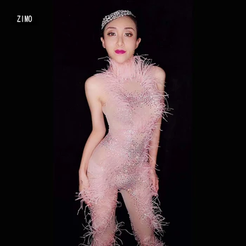 

Rhinestone Jumpsuit Feather Mesh See Through Birthday Celebrate nightclub Outfit Womens Singe Dancer Bodysuit Leggings costume