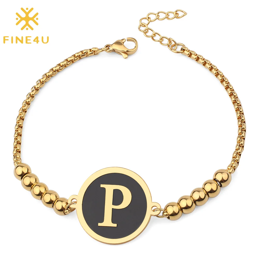 FINE4U B286 Adjustable 5mm Beaded Bracelets Stainless Steel Initial Letter Charm Bracelet Named Jewelry For Unisex | Украшения и