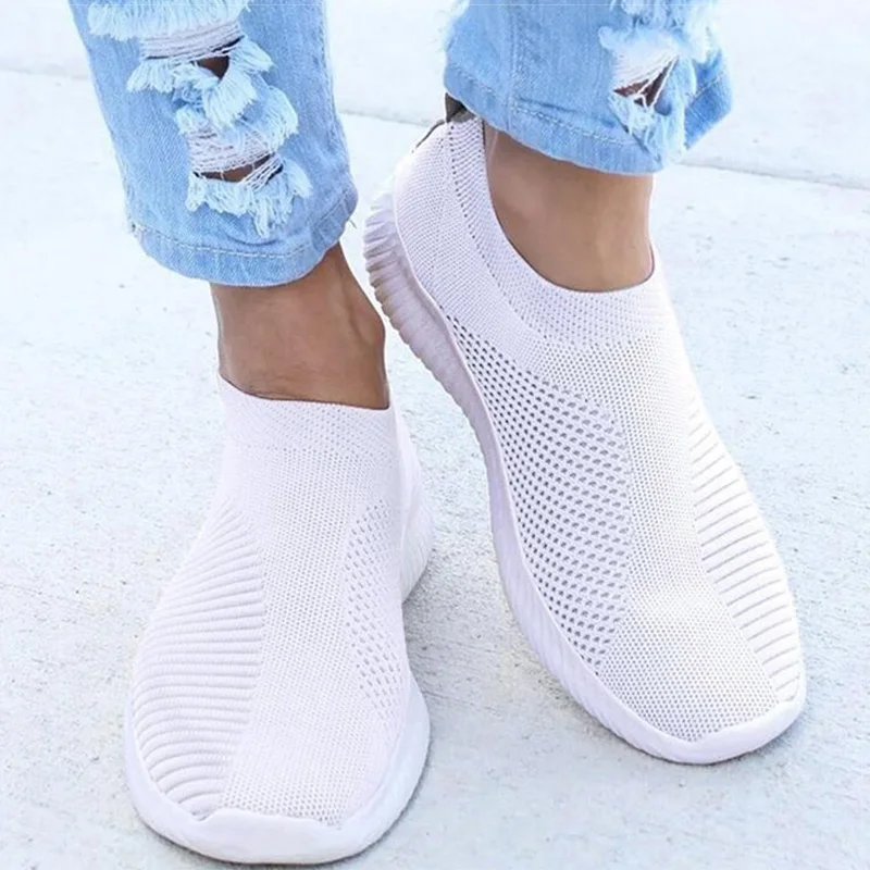 DAHOOD/женские кроссовки; эластичные тканевые носки; женская модная обувь из Вулканизированной Ткани; обувь без шнуровки на плоской подошве; женская повседневная обувь - Цвет: Белый