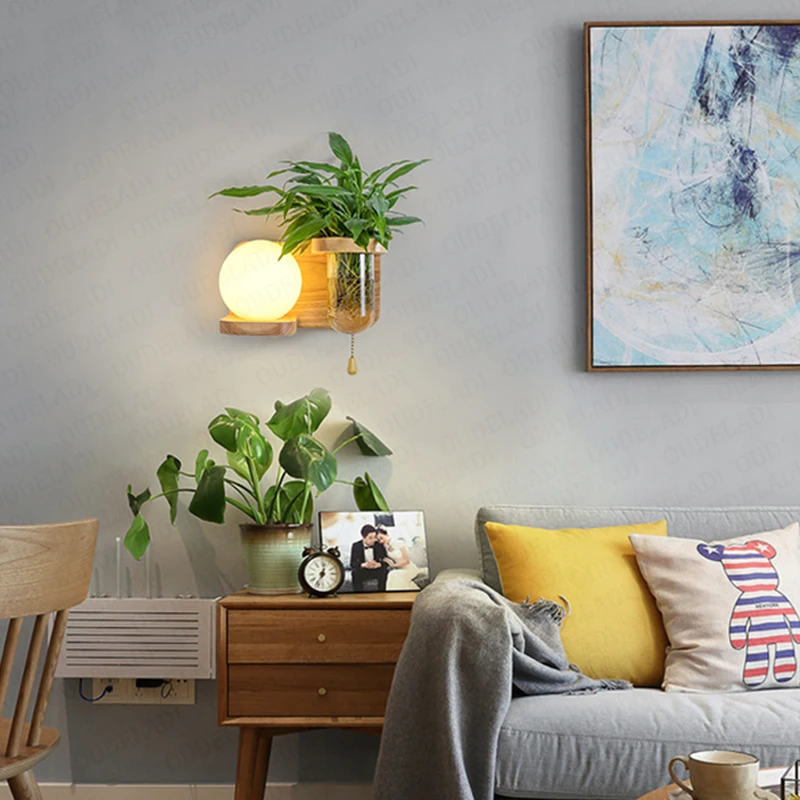 Nordic minimalist interior with switch green plant solid wood aisle decorative balcony bedside lamp E27 wall lamp